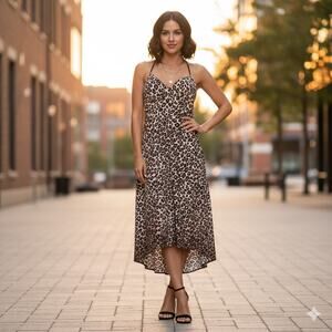 OC by OC Animal Leopard Print Dress Adjustable Halter Neck High Low Hem Size 6